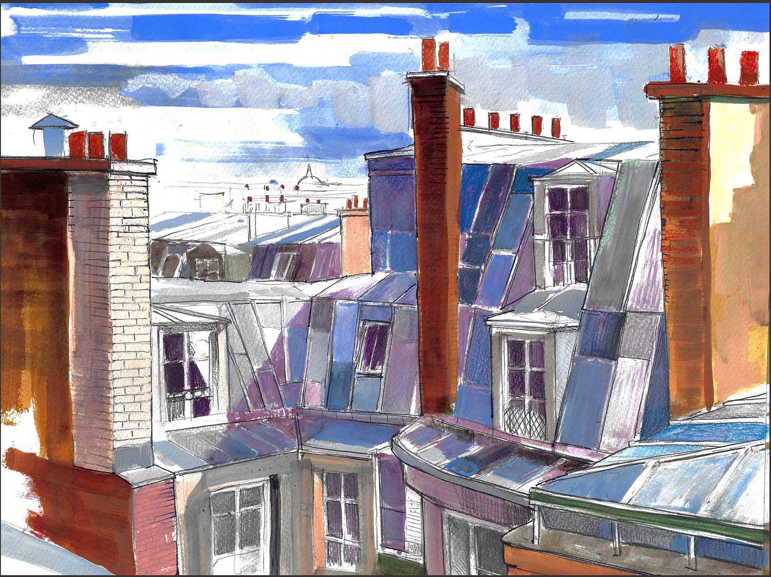 TOITS DE PARIS 1- TOITS -ACRYLIQUE SUR PAPIER-41 X 31-2020