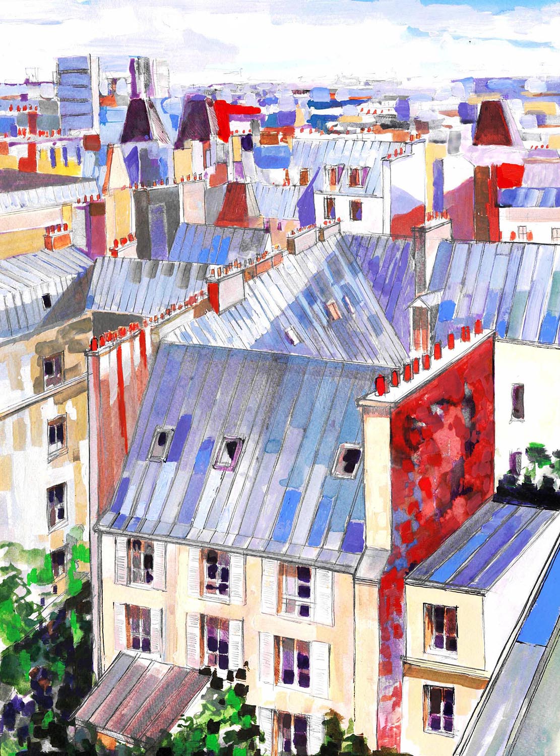TOITS DE PARIS 10- TOITS DE PARIS-ENCRE ET ACRYLIQUE SUR PAPIER-41 X 31-2020