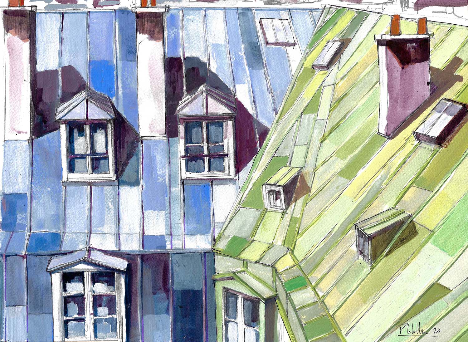 TOITS DE PARIS 2- TOITS -ACRYLIQUE SUR PAPIER-41 X 31-2020