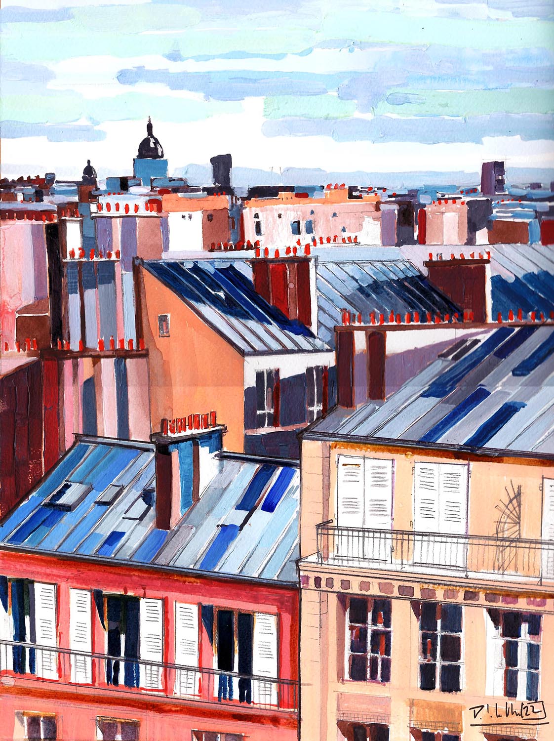 TOITS DE PARIS 3- TOITS -ACRYLIQUE SUR PAPIER-41 X 31-2022