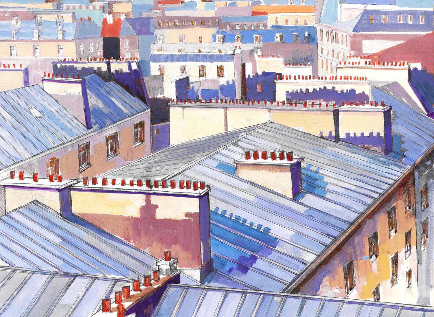 TOITS DE PARIS 6- TOITS-ENCRE ET ACRYLIQUE SUR PAPIER-41 X 31-2020